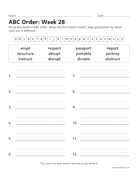 Preview of the printable “ABC Order: week 28 (Latin roots: port, rupt, struct, spect, dict)” worksheet: putting spelling words in ABC order past the third letter