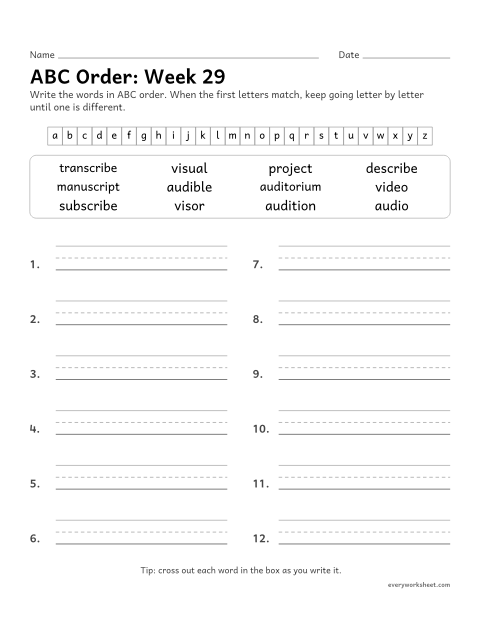Preview of the printable “ABC Order: week 29 (Latin roots: aud, vis, scrib, ject)” worksheet: putting spelling words in ABC order past the third letter