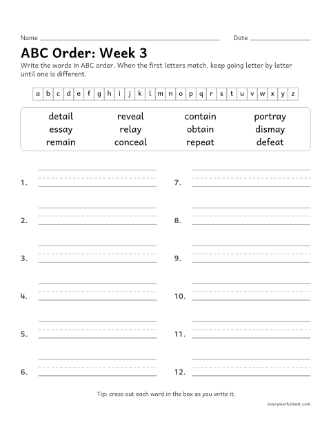 Preview of the printable “ABC Order: week 3 (Long a and long e teams)” worksheet: putting spelling words in ABC order past the third letter