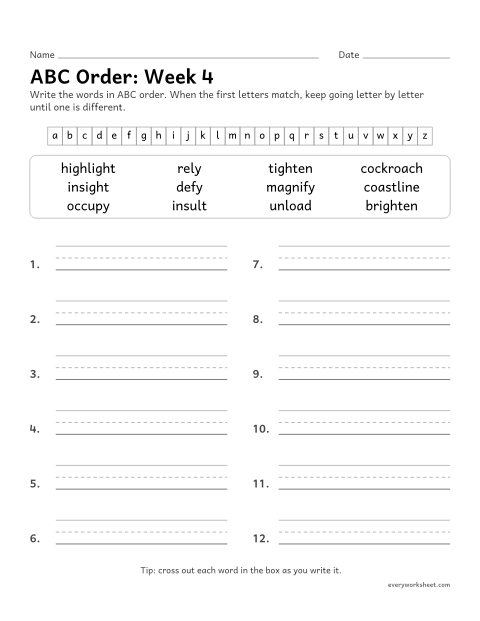 Preview of the printable “ABC Order: week 4 (Long i and long o)” worksheet: putting spelling words in ABC order past the third letter