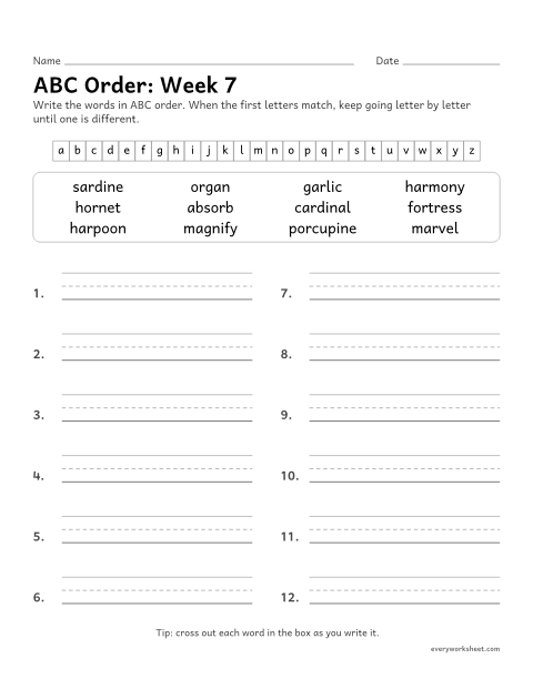 Preview of the printable “ABC Order: week 7 (ar, or and ore)” worksheet: putting spelling words in ABC order past the third letter