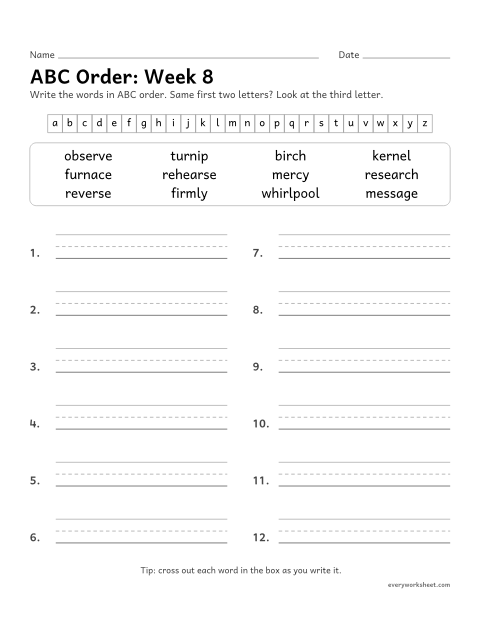 Preview of the printable “ABC Order: week 8 (er, ir, ur and ear)” worksheet: putting spelling words in ABC order to the third letter