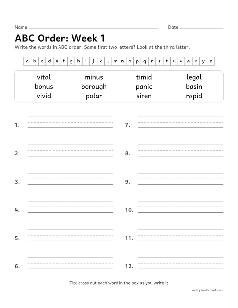 Preview of the printable “ABC Order: week 1 (VCV syllables)” worksheet: putting spelling words in ABC order to the third letter