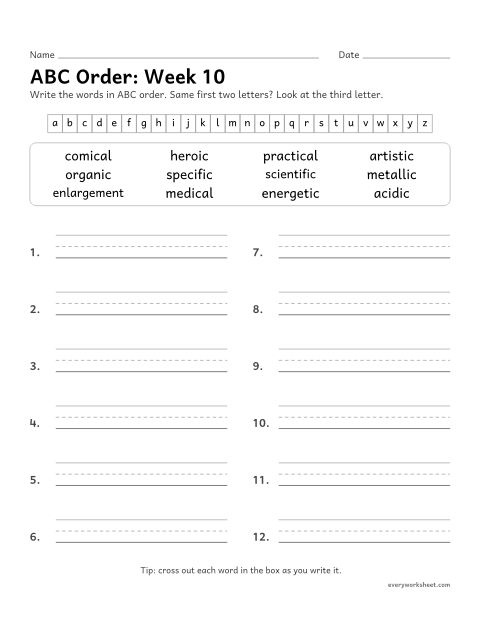 Preview of the printable “ABC Order: week 10 (Suffixes -ic and -ical)” worksheet: putting spelling words in ABC order to the third letter