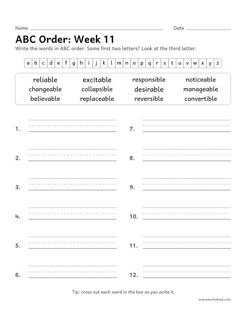 Preview of the printable “ABC Order: week 11 (Suffixes -able and -ible)” worksheet: putting spelling words in ABC order to the third letter