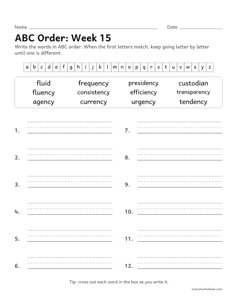 Preview of the printable “ABC Order: week 15 (Suffixes -ency and -ancy)” worksheet: putting spelling words in ABC order past the third letter