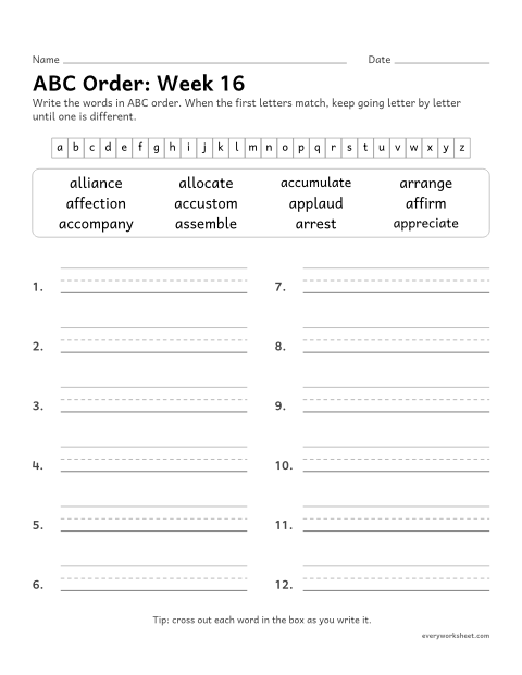 Preview of the printable “ABC Order: week 16 (Prefix ad- in disguise)” worksheet: putting spelling words in ABC order past the third letter