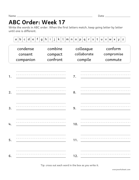 Preview of the printable “ABC Order: week 17 (Prefixes con-, com-, col- and cor-)” worksheet: putting spelling words in ABC order past the third letter