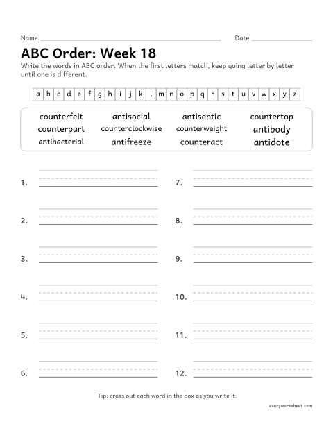 Preview of the printable “ABC Order: week 18 (Prefixes anti-, counter- and contra-)” worksheet: putting spelling words in ABC order past the third letter
