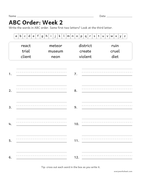 Preview of the printable “ABC Order: week 2 (Vowels that split)” worksheet: putting spelling words in ABC order to the third letter