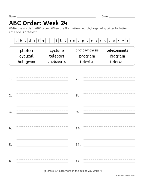 Preview of the printable “ABC Order: week 24 (Greek roots: photo, tele, gram and cycl)” worksheet: putting spelling words in ABC order past the third letter