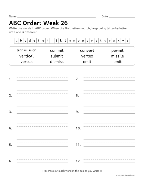 Preview of the printable “ABC Order: week 26 (Latin roots: mit, miss and vert)” worksheet: putting spelling words in ABC order past the third letter