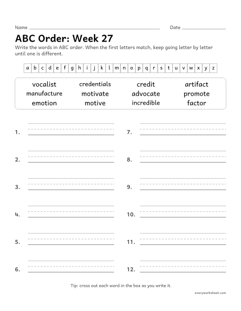 Preview of the printable “ABC Order: week 27 (Latin roots: cred, fact, voc and mot)” worksheet: putting spelling words in ABC order past the third letter