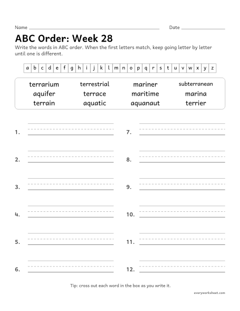 Preview of the printable “ABC Order: week 28 (Latin roots: terr, aqu, mar and sol)” worksheet: putting spelling words in ABC order past the third letter