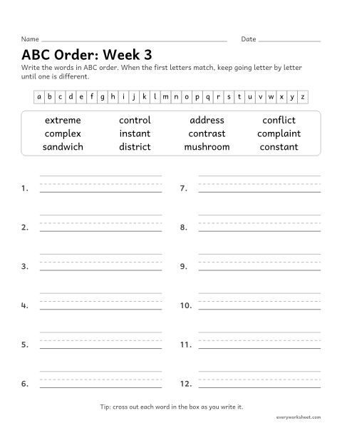 Preview of the printable “ABC Order: week 3 (Three consonants in the middle)” worksheet: putting spelling words in ABC order past the third letter