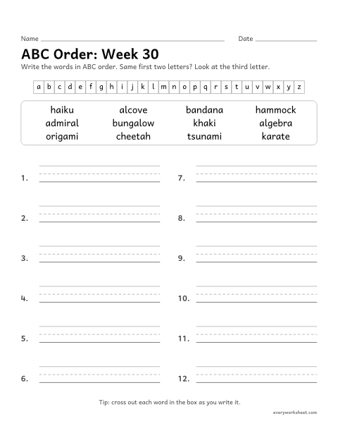 Preview of the printable “ABC Order: week 30 (Words from other languages)” worksheet: putting spelling words in ABC order to the third letter