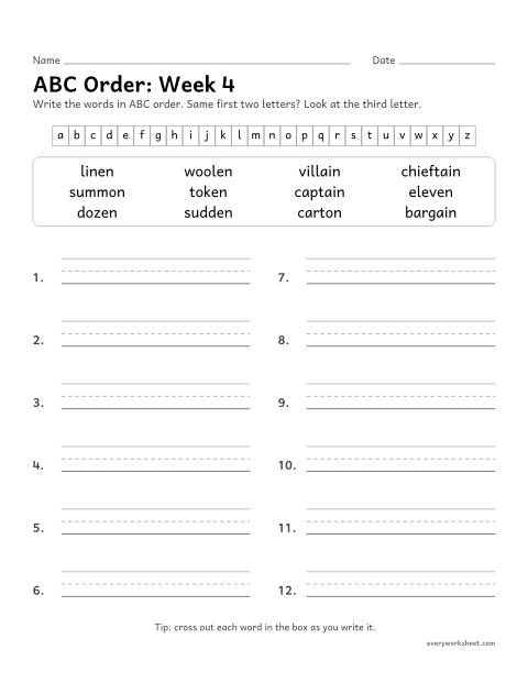 Preview of the printable “ABC Order: week 4 (Schwa endings: -ain, -en and -on)” worksheet: putting spelling words in ABC order to the third letter