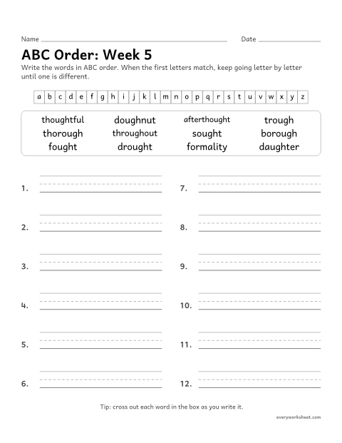 Preview of the printable “ABC Order: week 5 (ough and augh)” worksheet: putting spelling words in ABC order past the third letter