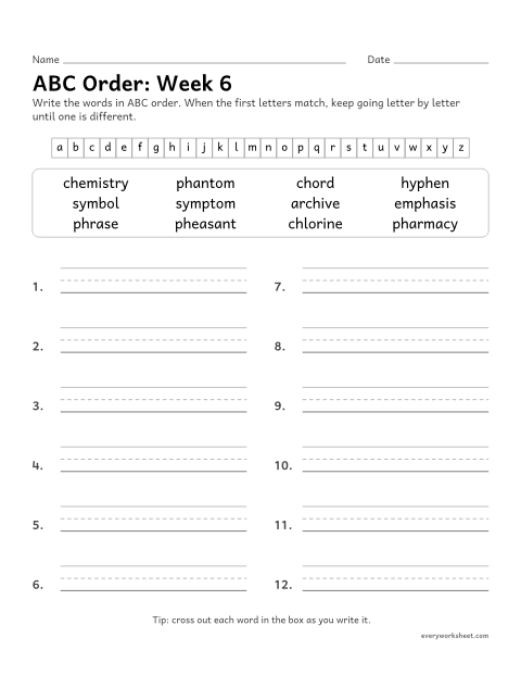Preview of the printable “ABC Order: week 6 (Greek spellings: ph, ch and y)” worksheet: putting spelling words in ABC order past the third letter