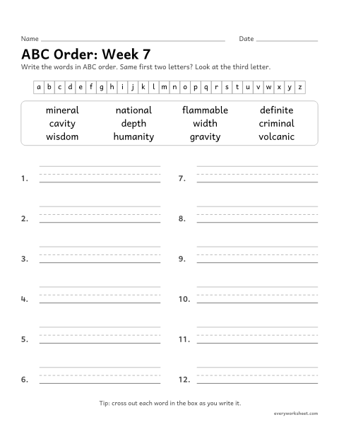 Preview of the printable “ABC Order: week 7 (Related words: long to short vowels)” worksheet: putting spelling words in ABC order to the third letter