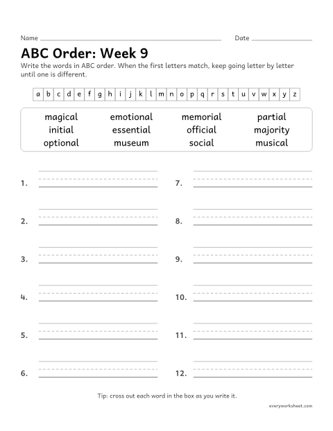Preview of the printable “ABC Order: week 9 (Suffixes -al and -ial)” worksheet: putting spelling words in ABC order past the third letter