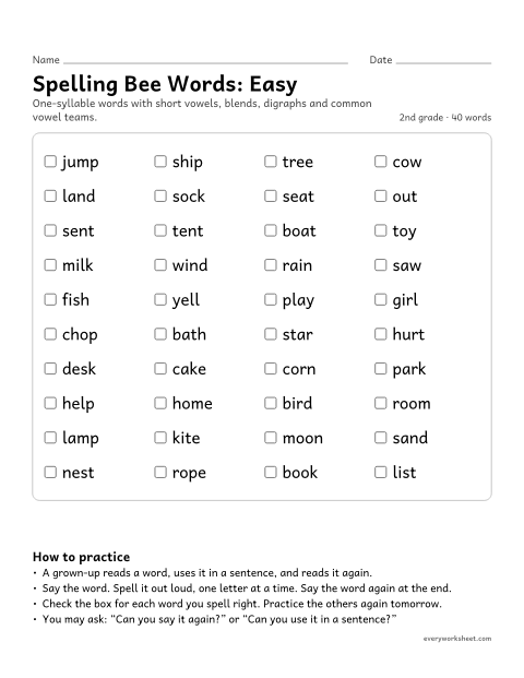 Preview of the printable “2nd grade spelling bee Words: easy” worksheet: practicing 40 easy 2nd grade spelling bee words