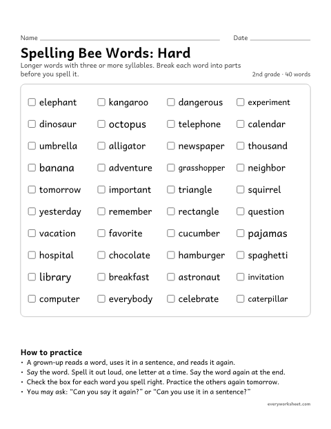 Preview of the printable “2nd grade spelling bee Words: hard” worksheet: practicing 40 hard 2nd grade spelling bee words