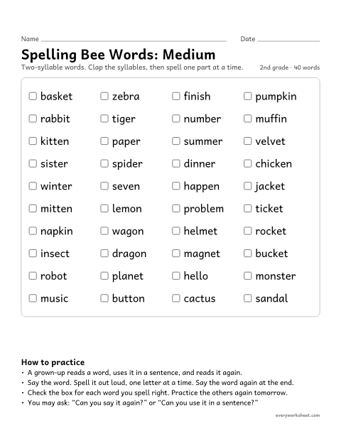 Preview of the printable “2nd grade spelling bee Words: medium” worksheet: practicing 40 medium 2nd grade spelling bee words