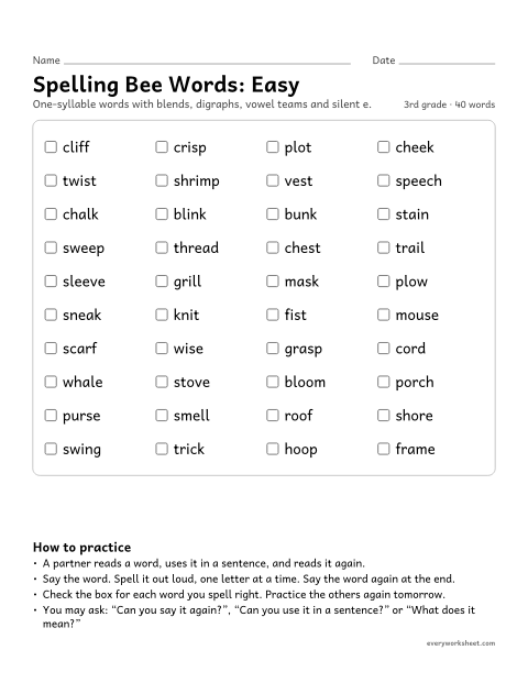 Preview of the printable “3rd grade spelling bee Words: easy” worksheet: practicing 40 easy 3rd grade spelling bee words