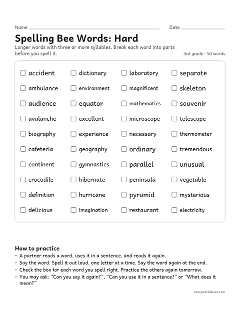 Preview of the printable “3rd grade spelling bee Words: hard” worksheet: practicing 40 hard 3rd grade spelling bee words