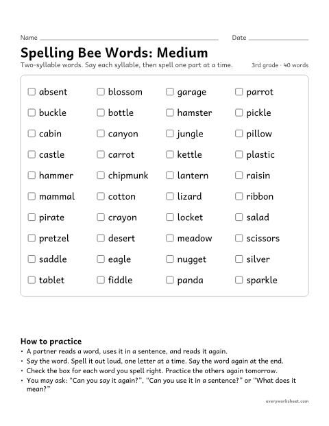 Preview of the printable “3rd grade spelling bee Words: medium” worksheet: practicing 40 medium 3rd grade spelling bee words