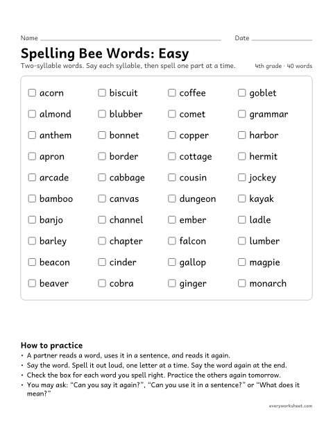 Preview of the printable “4th grade spelling bee Words: easy” worksheet: practicing 40 two-syllable 4th grade spelling bee words