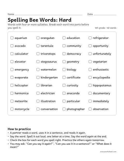 Preview of the printable “4th grade spelling bee Words: hard” worksheet: practicing 40 four- to six-syllable 4th grade spelling bee words