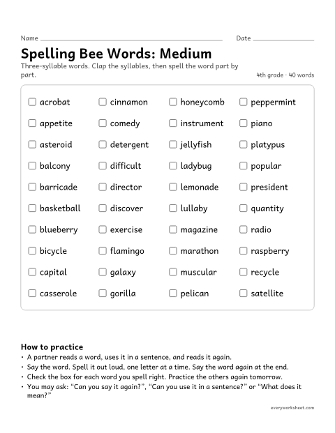 Preview of the printable “4th grade spelling bee Words: medium” worksheet: practicing 40 three-syllable 4th grade spelling bee words
