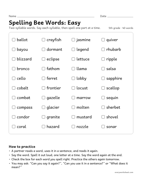 Preview of the printable “5th grade spelling bee Words: easy” worksheet: practicing 40 two-syllable 5th grade spelling bee words