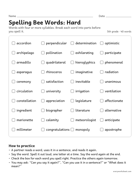 Preview of the printable “5th grade spelling bee Words: hard” worksheet: practicing 40 four- to six-syllable 5th grade spelling bee words
