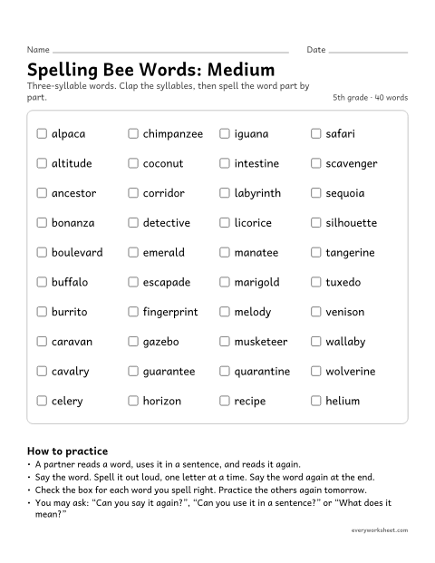 Preview of the printable “5th grade spelling bee Words: medium” worksheet: practicing 40 three-syllable 5th grade spelling bee words