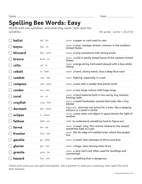 Preview of the printable “5th grade spelling bee words with Definitions: easy” worksheet: learning the meanings of 40 two-syllable 5th grade spelling bee words