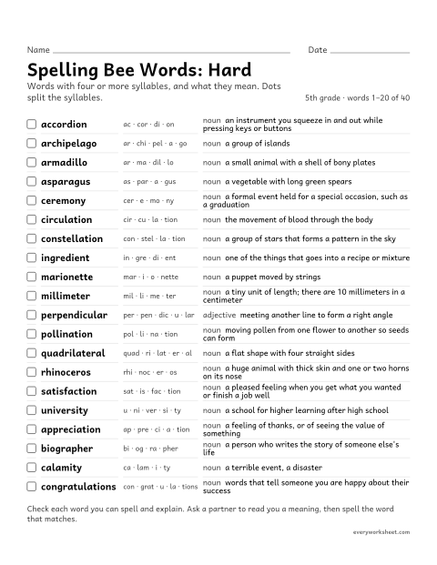 Preview of the printable “5th grade spelling bee words with Definitions: hard” worksheet: learning the meanings of 40 four- to six-syllable 5th grade spelling bee words