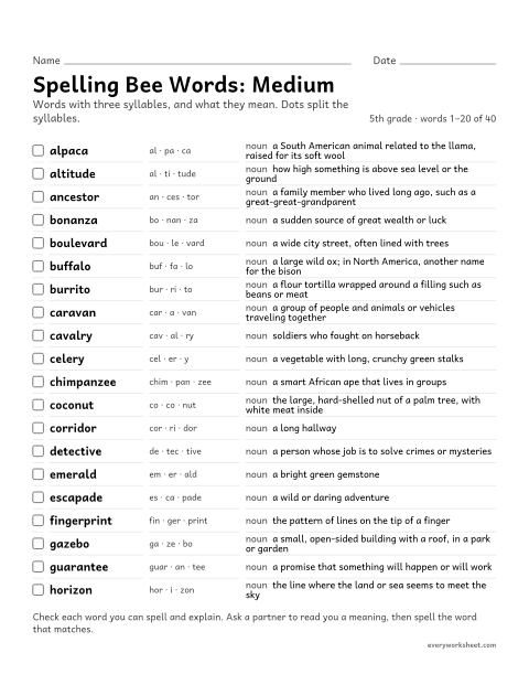 Preview of the printable “5th grade spelling bee words with Definitions: medium” worksheet: learning the meanings of 40 three-syllable 5th grade spelling bee words