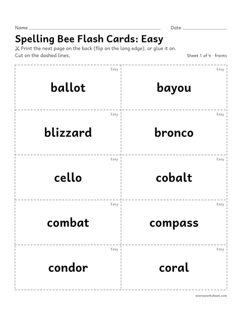 Preview of the printable “5th grade spelling flash Cards: easy spelling bee words” worksheet: practicing 40 two-syllable spelling bee words with two-sided flash cards (word on the front, meaning on the back)