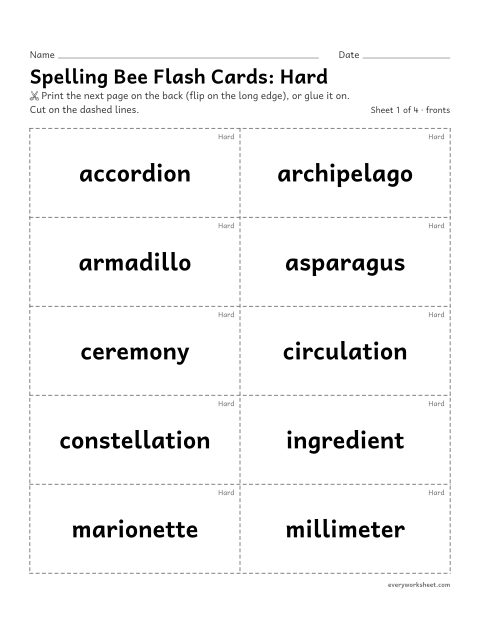 Preview of the printable “5th grade spelling flash Cards: hard spelling bee words” worksheet: practicing 40 four- to six-syllable spelling bee words with two-sided flash cards (word on the front, meaning on the back)