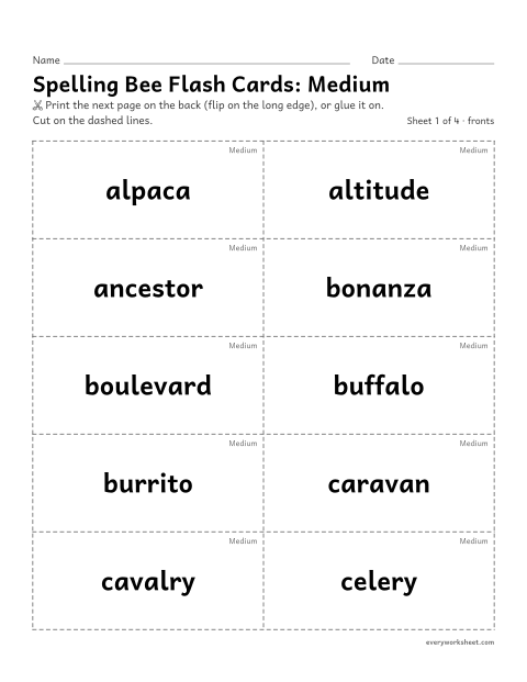 Preview of the printable “5th grade spelling flash Cards: medium spelling bee words” worksheet: practicing 40 three-syllable spelling bee words with two-sided flash cards (word on the front, meaning on the back)