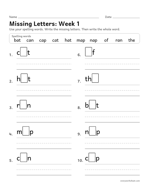 Preview of the printable “Missing Letters: week 1 (Short a)” worksheet: writing the missing pattern letters in spelling words with short a, as in cat