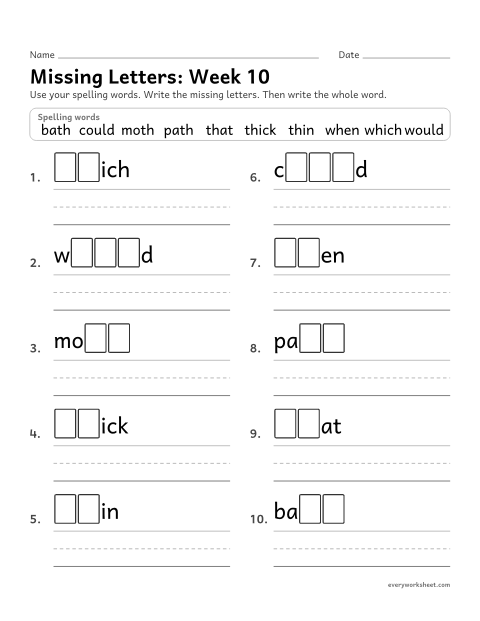 Preview of the printable “Missing Letters: week 10 (Words with th and wh)” worksheet: writing the missing pattern letters in spelling words with th and wh, as in bath and when