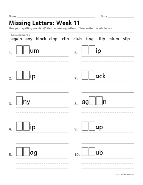 Preview of the printable “Missing Letters: week 11 (l-blends)” worksheet: writing the missing pattern letters in spelling words with bl, cl, fl, pl, sl, as in flag