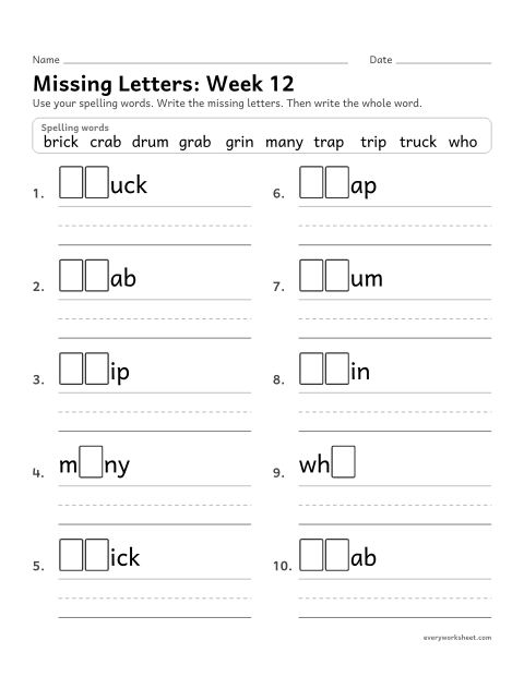 Preview of the printable “Missing Letters: week 12 (r-blends)” worksheet: writing the missing pattern letters in spelling words with cr, dr, gr, tr, br, as in crab