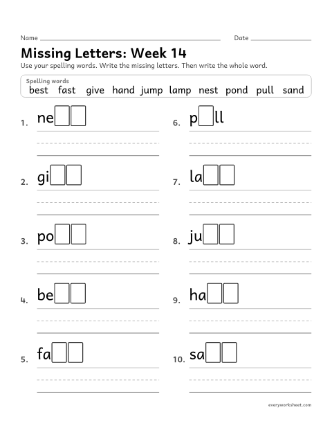 Preview of the printable “Missing Letters: week 14 (Ending blends)” worksheet: writing the missing pattern letters in spelling words with nd, st, mp at the end, as in hand