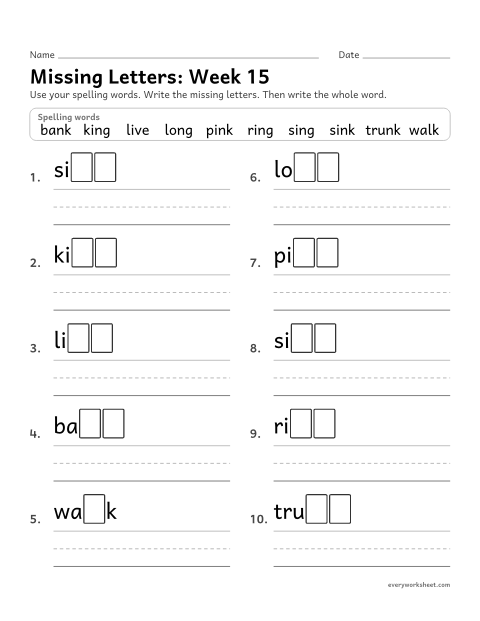Preview of the printable “Missing Letters: week 15 (Words with ng and nk)” worksheet: writing the missing pattern letters in spelling words with ng and nk, as in ring and bank