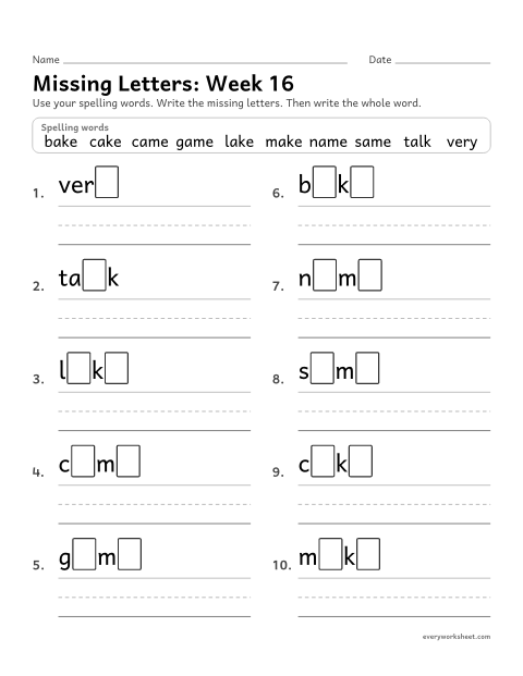 Preview of the printable “Missing Letters: week 16 (Silent e: a_e)” worksheet: writing the missing pattern letters in spelling words with a with a silent e, as in cake